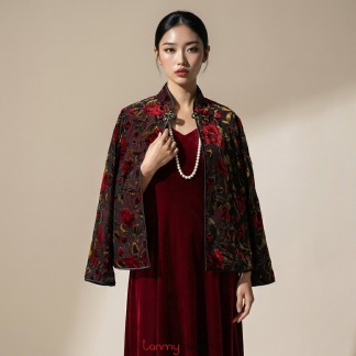 Áo khoác nhung 1 khuy ngắn hoa đỏ